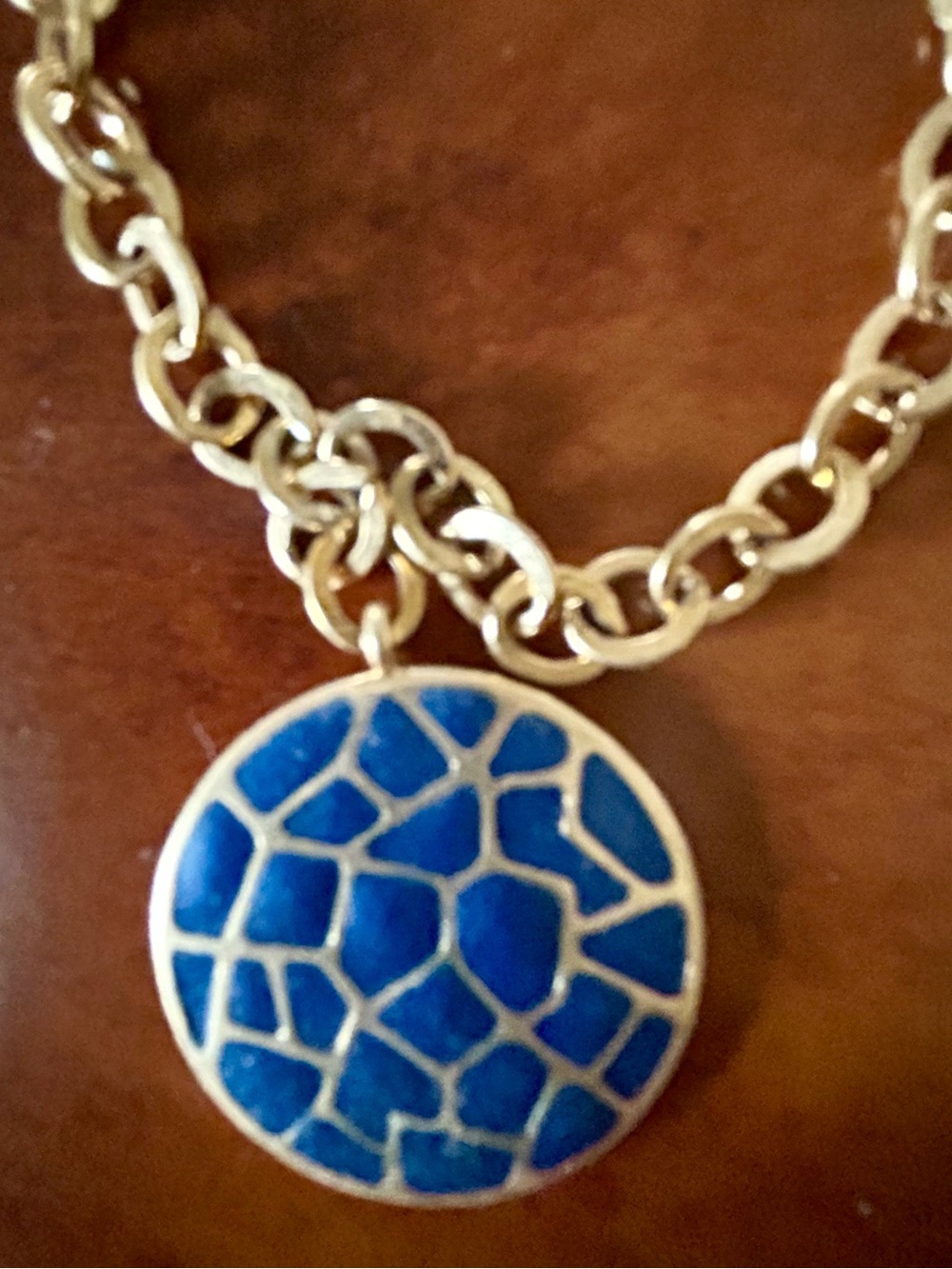 Gold Chain Necklace with Blue Mosaic Pendant